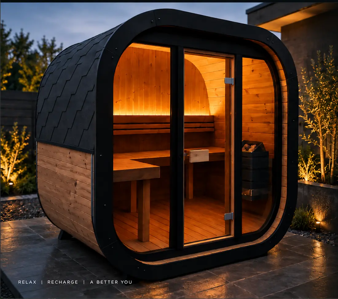 Black and timber Nordic garden sauna glowing warmly in a landscaped garden